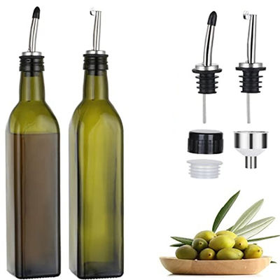 Kaca Botol Minyak Dapur Hijau Gelap Dengan Stainless Steel Spout Funnel Square 500ml 2pcs