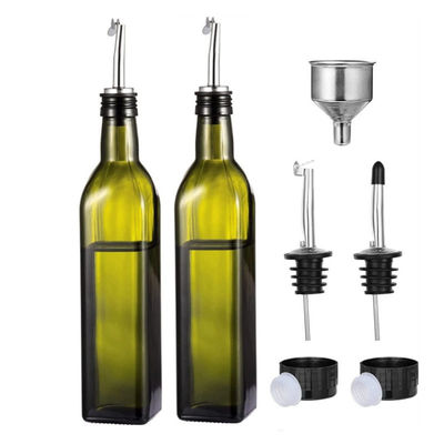 Kaca Botol Minyak Dapur Hijau Gelap Dengan Stainless Steel Spout Funnel Square 500ml 2pcs