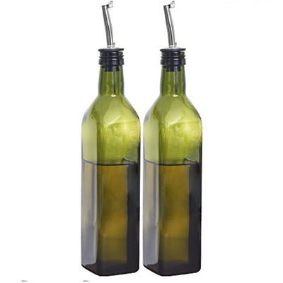 Kaca Botol Minyak Dapur Hijau Gelap Dengan Stainless Steel Spout Funnel Square 500ml 2pcs