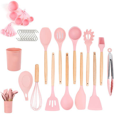 Set Pakaian Masak Silikon 33-Piece Pakaian dengan Spatula Non-Lapisan dan Genggam Kayu