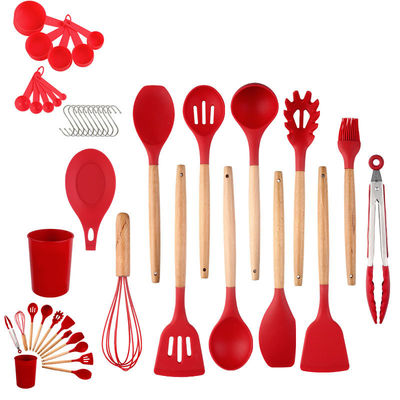 Set Pakaian Masak Silikon 33-Piece Pakaian dengan Spatula Non-Lapisan dan Genggam Kayu