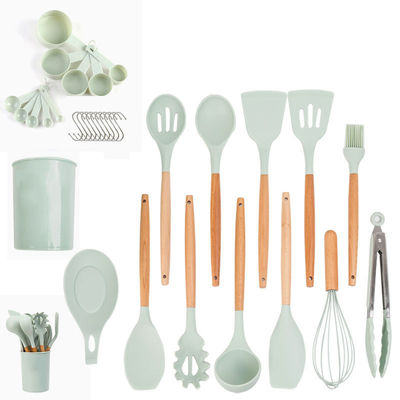 Set Pakaian Masak Silikon 33-Piece Pakaian dengan Spatula Non-Lapisan dan Genggam Kayu