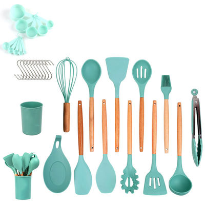 Set Pakaian Masak Silikon 33-Piece Pakaian dengan Spatula Non-Lapisan dan Genggam Kayu