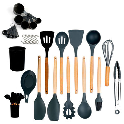 Set Pakaian Masak Silikon 33-Piece Pakaian dengan Spatula Non-Lapisan dan Genggam Kayu
