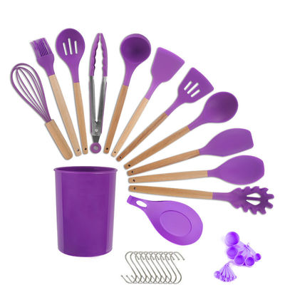Set Pakaian Masak Silikon 33-Piece Pakaian dengan Spatula Non-Lapisan dan Genggam Kayu