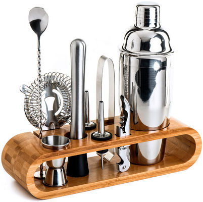 Desain minimalis 10 in 1 Stainless Steel Cocktail Shaker Set dengan Stand Kayu 750ml
