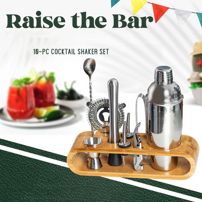 Desain minimalis 10 in 1 Stainless Steel Cocktail Shaker Set dengan Stand Kayu 750ml