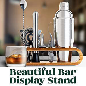 Desain minimalis 10 in 1 Stainless Steel Cocktail Shaker Set dengan Stand Kayu 750ml