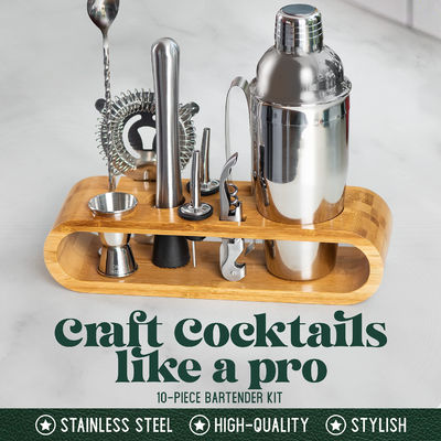 Desain minimalis 10 in 1 Stainless Steel Cocktail Shaker Set dengan Stand Kayu 750ml
