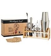 Desain minimalis 10 in 1 Stainless Steel Cocktail Shaker Set dengan Stand Kayu 750ml