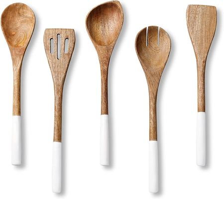 Set Masakan Kayu Akasia 5 Patah Spatula Spatula Fork Slotted Turner Corner Spoon