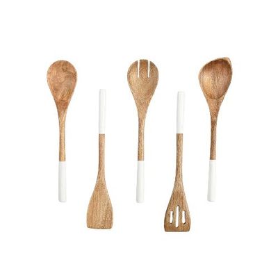 Set Masakan Kayu Akasia 5 Patah Spatula Spatula Fork Slotted Turner Corner Spoon