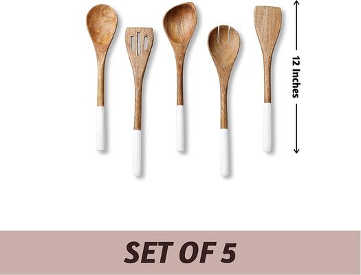 Set Masakan Kayu Akasia 5 Patah Spatula Spatula Fork Slotted Turner Corner Spoon