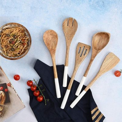 Set Masakan Kayu Akasia 5 Patah Spatula Spatula Fork Slotted Turner Corner Spoon
