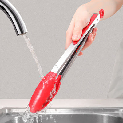 Clamp Silikon Merah Stainless Steel Dapur Grill Tongs untuk Outdoor Camping BBQ Buffet