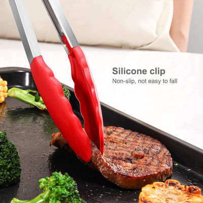 Clamp Silikon Merah Stainless Steel Dapur Grill Tongs untuk Outdoor Camping BBQ Buffet