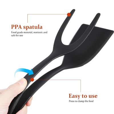 2 In 1 Spatula Tong untuk Alat Masak Telur Hitam Flipper Tong Pancake Ikan French Toast