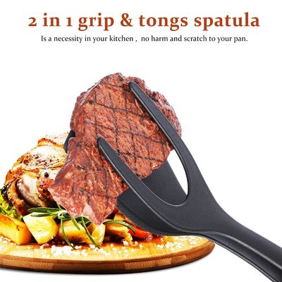 2 In 1 Spatula Tong untuk Alat Masak Telur Hitam Flipper Tong Pancake Ikan French Toast
