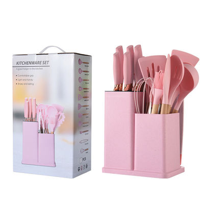 Alat dapur silikon set 19 Pcs Alat memasak dengan aksesoris pegangan kayu