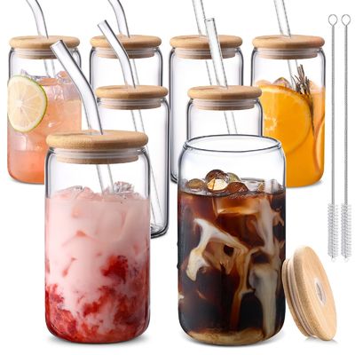 Acara Morden Luxury 16oz Clear Glass Mason Jug dengan Tutup Bambu dan Jerami