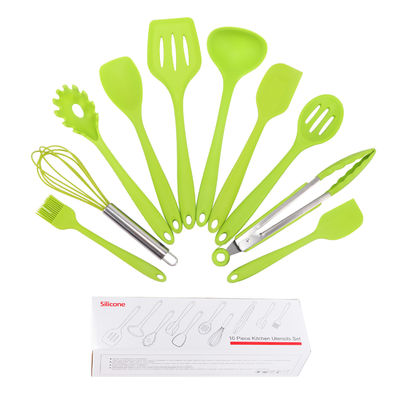 Dukungan Silikon Hijau untuk Memasak Suhu Tinggi di Nonstick 10 Pcs Kitchen Utensil Set