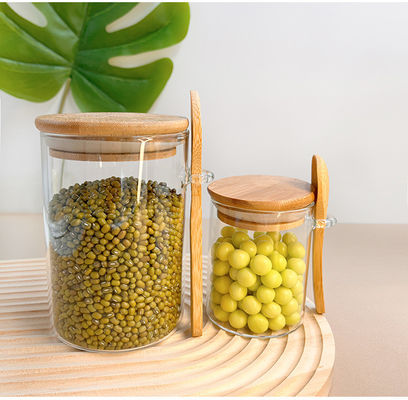 Kontainer penyimpanan makanan rak kaca bening dengan desain fungsional dan tutup bambu bulat