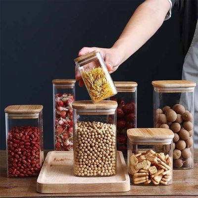 Kontainer Penyimpanan Makanan Desain Modern dengan Tutup Kayu Bambu 300ml 500ml Botol Kaca Bumbu