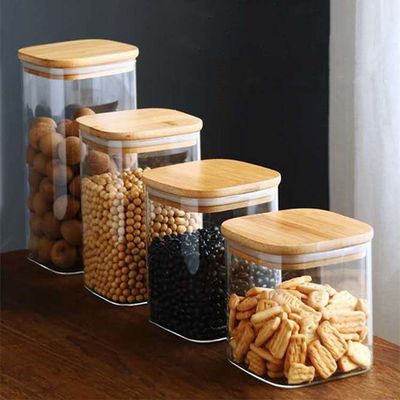 Kontainer Penyimpanan Makanan Desain Modern dengan Tutup Kayu Bambu 300ml 500ml Botol Kaca Bumbu