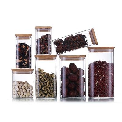 Kontainer Penyimpanan Makanan Desain Modern dengan Tutup Kayu Bambu 300ml 500ml Botol Kaca Bumbu