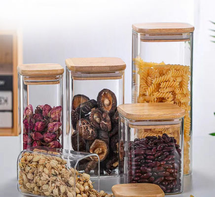 Kontainer Penyimpanan Makanan Desain Modern dengan Tutup Kayu Bambu 300ml 500ml Botol Kaca Bumbu