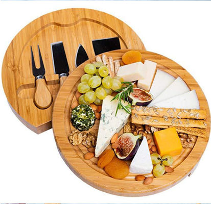 Papan Keju Bambu Bulat dan Papan Charcuterie dengan Pisau Set Alat Pizza Dipenuhi