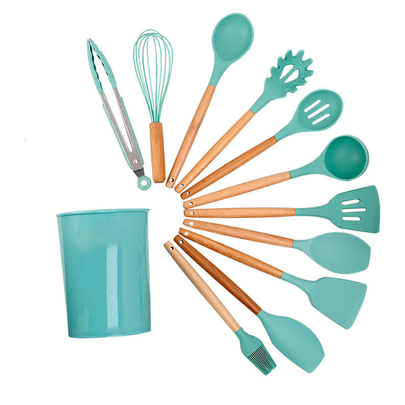 Set 18 Piece Green Silicone Cookware dengan Storage Bucket Non-Stick Spatula Termasuk