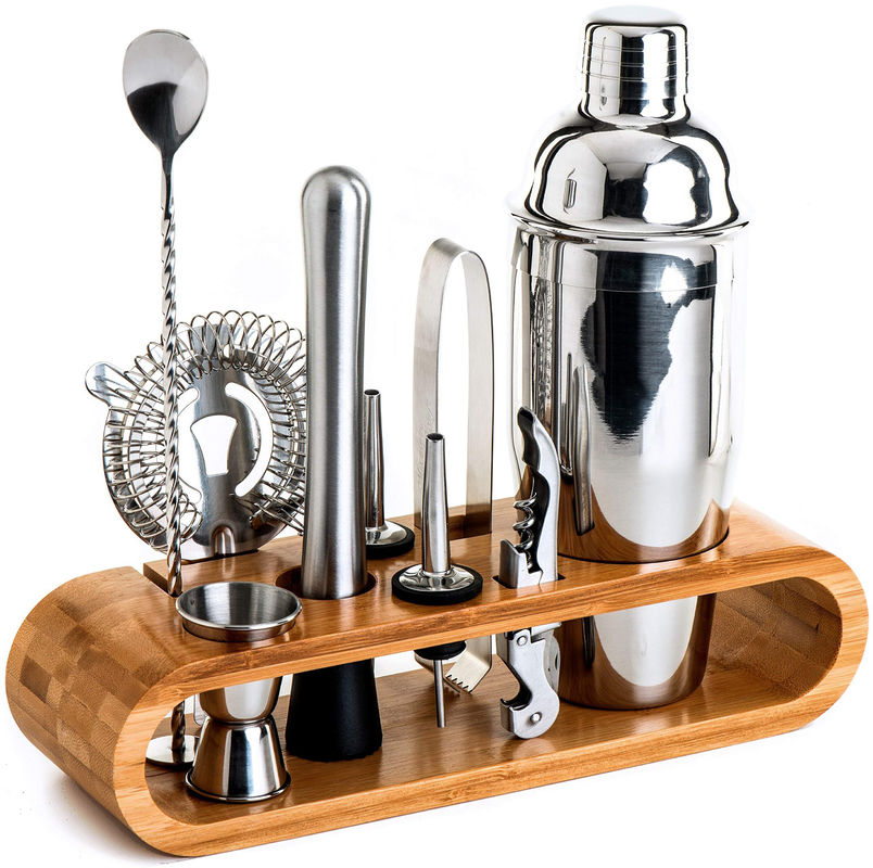 Desain minimalis 10 in 1 Stainless Steel Cocktail Shaker Set dengan Stand Kayu 750ml