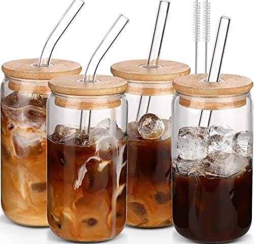 Kaca Borosilikat Tinggi Mason Jar dengan Tutup Bambu dan Jerami 16oz Clear Glass Cups