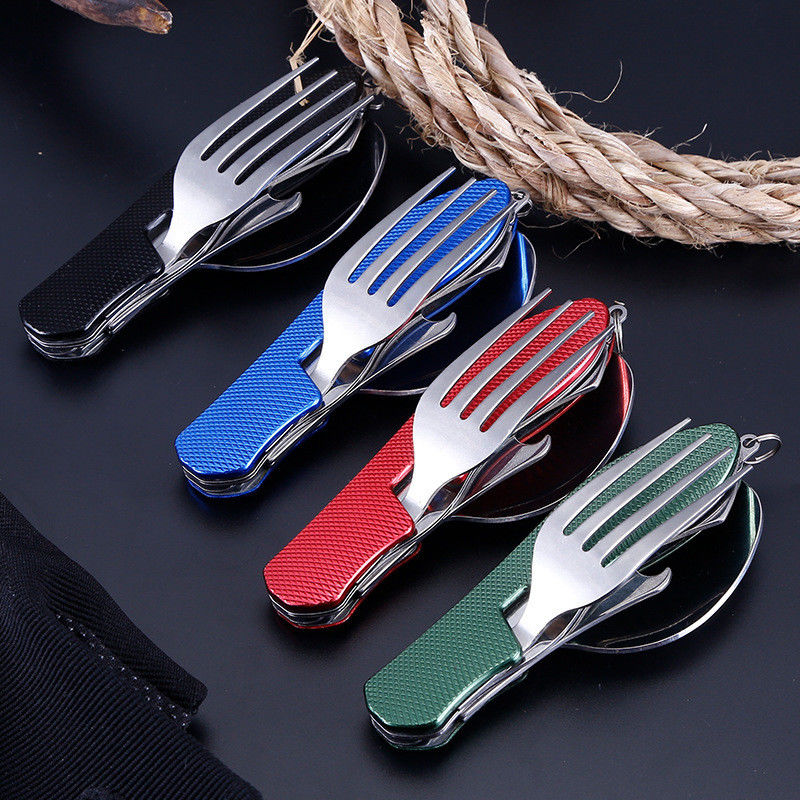 Set peralatan berkemah lipat Stainless Steel sendok pisau garpu untuk kegiatan luar ruangan