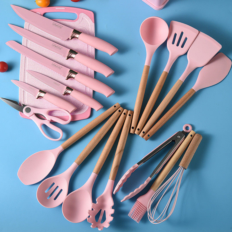 19 pcs kayu pegangan silikon peralatan dapur set untuk peralatan memasak dan restoran yang dilengkapi