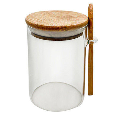 Kontainer penyimpanan makanan rak kaca bening dengan desain fungsional dan tutup bambu bulat