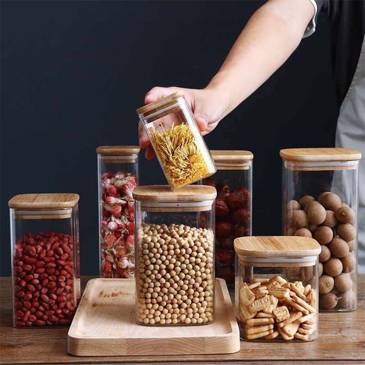 Kontainer Penyimpanan Makanan Desain Modern dengan Tutup Kayu Bambu 300ml 500ml Botol Kaca Bumbu